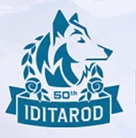 50th Iditarod Race Logo, dog with wreath around neck and Iditarod banner